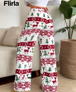 Flirla Christmas Plush Graphic Print Comfortable Women Loose Straight Leg Pants 