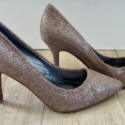 DKNY Francesca Taupe Glitter with Suede 3.5" Heels, 6.5/37 Size, Gently Worn