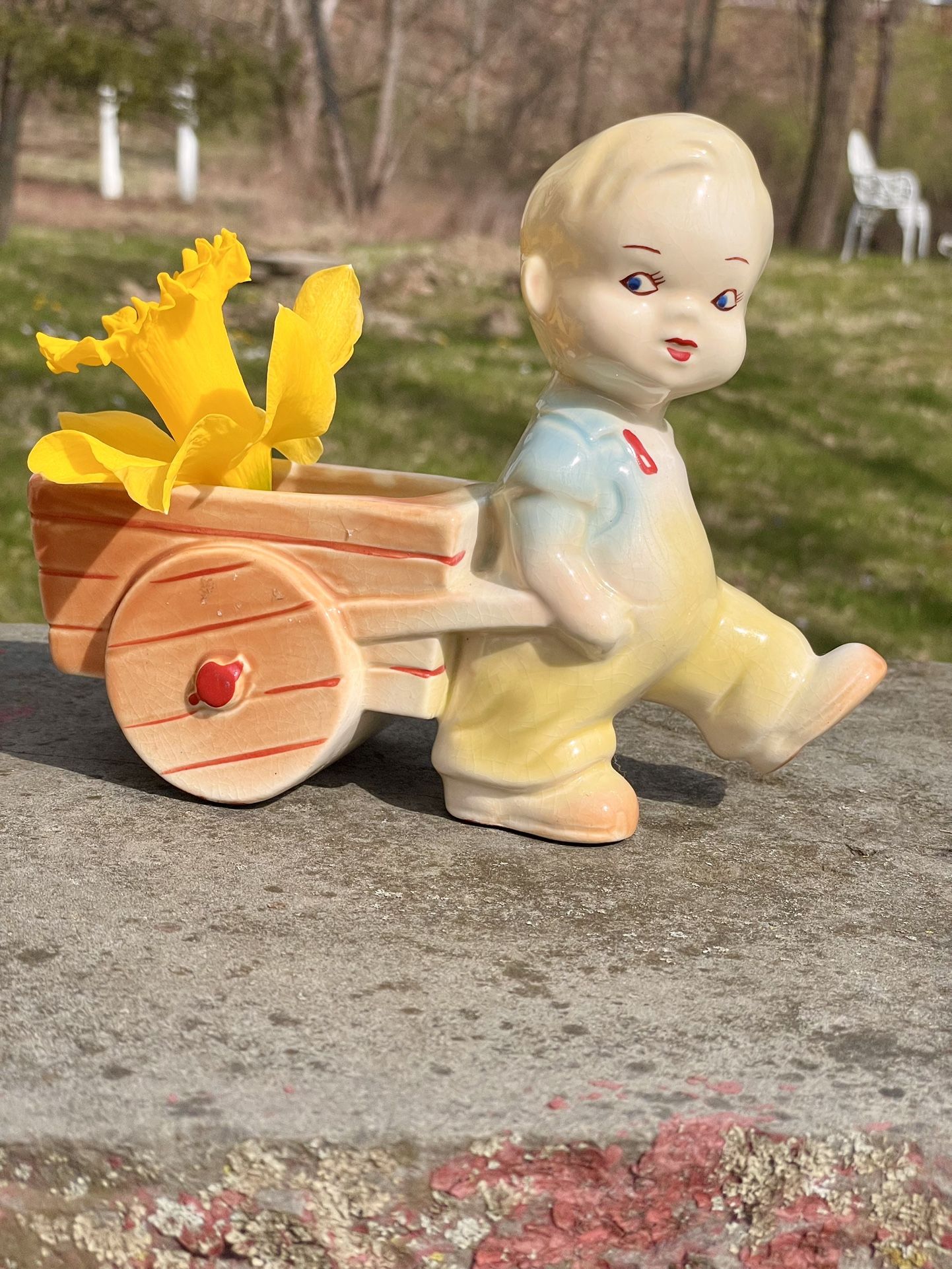 Vintage Planter Blond Blue Eyed Boy in Overalls Pulling Cart Wheelbarrow MCM