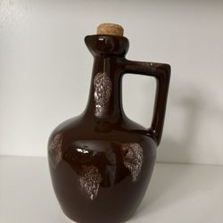 Vintage 1950s Leroux Ceramic Brown Pottery Liqueur Bottle With Handle And Cork 