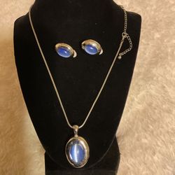 Silver Necklace With Blue Stones And Matching Clip On Earrings 