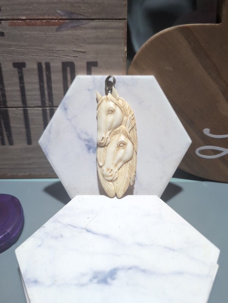 Hand Carved, Bone, Necklace Pendant, Two Horses