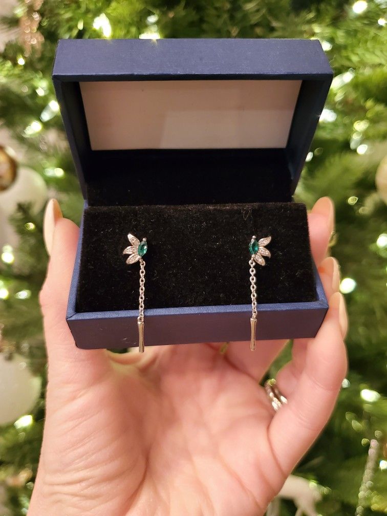 Emerald With Diamond Accent Silver Dangle Earrings