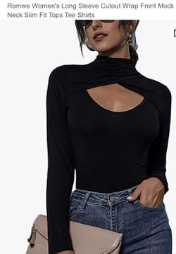 Women's Long Sleeve Cutout Wrap Front Mock Neck Slim Fit Tops Tee Shirts