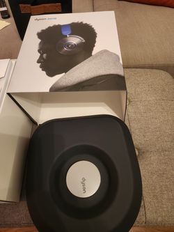 Dyson headphones. Silver and blue.