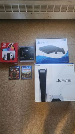GAMING BUNDLE GAMES ARE SEALED PS5 LIKE NEW PS4 AND SWITCH OLED NIB NEVER USED WILL NOT SEPARATE ANYTHING NOT SHIPPING DELIVERING OR TRADING