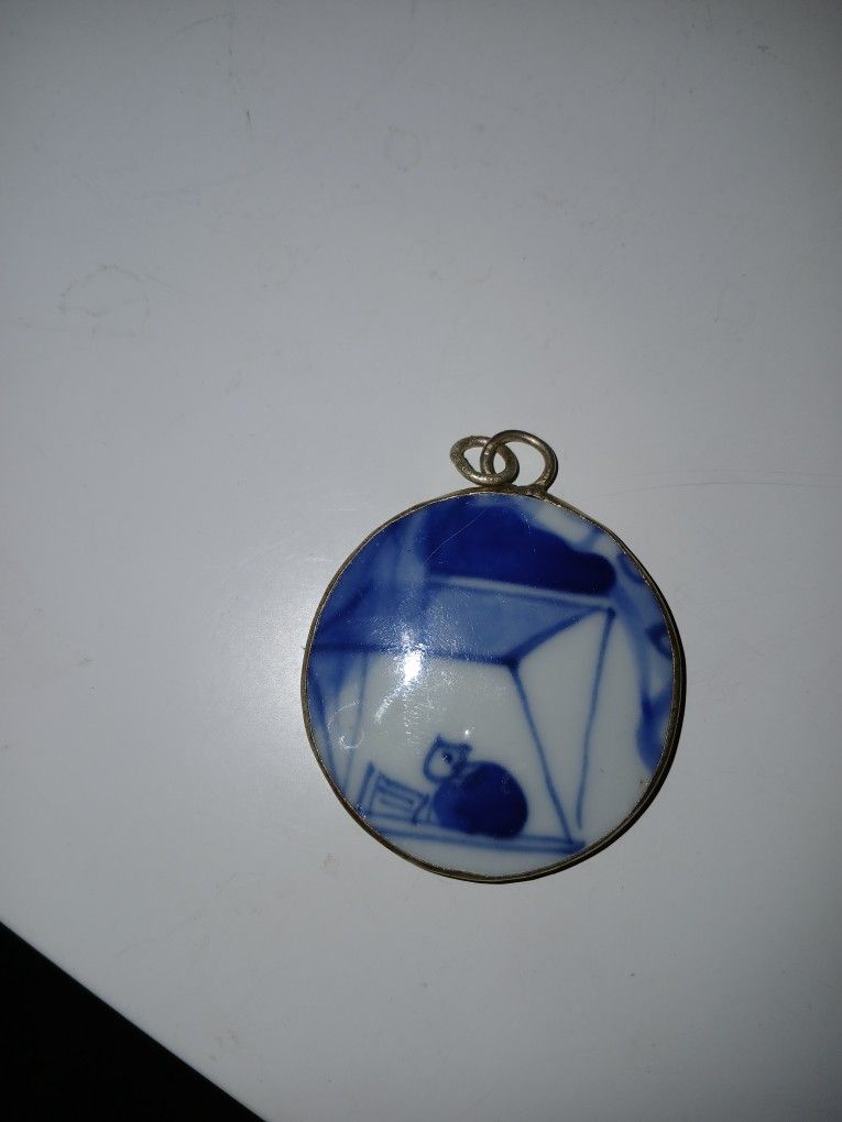 Chinese Pendant From Blue & White Porcelain Shard Set I. Silver Bezzel