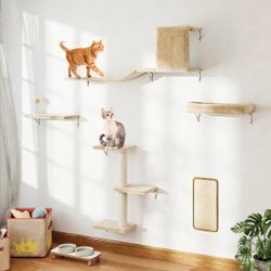 Cat Wall Shelves, Stable & Safe 4 in 1 Cat Walls Furniture Set, Wooden Kitten Climbing Wall with Scratching Post for 16 Inch Drywall - Beige, NEW