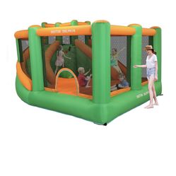 Inflatable Bounce House, Bouncy Castle Bouncer Playhouse with Double Slide,Spacious Jumping Area,Air Blower for Toddlers and Kids