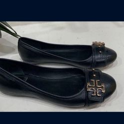 $35Firm !! Tory Burch Womens Caroline Ballet Flats Black Leather Round Toe Slip On 6.5M.