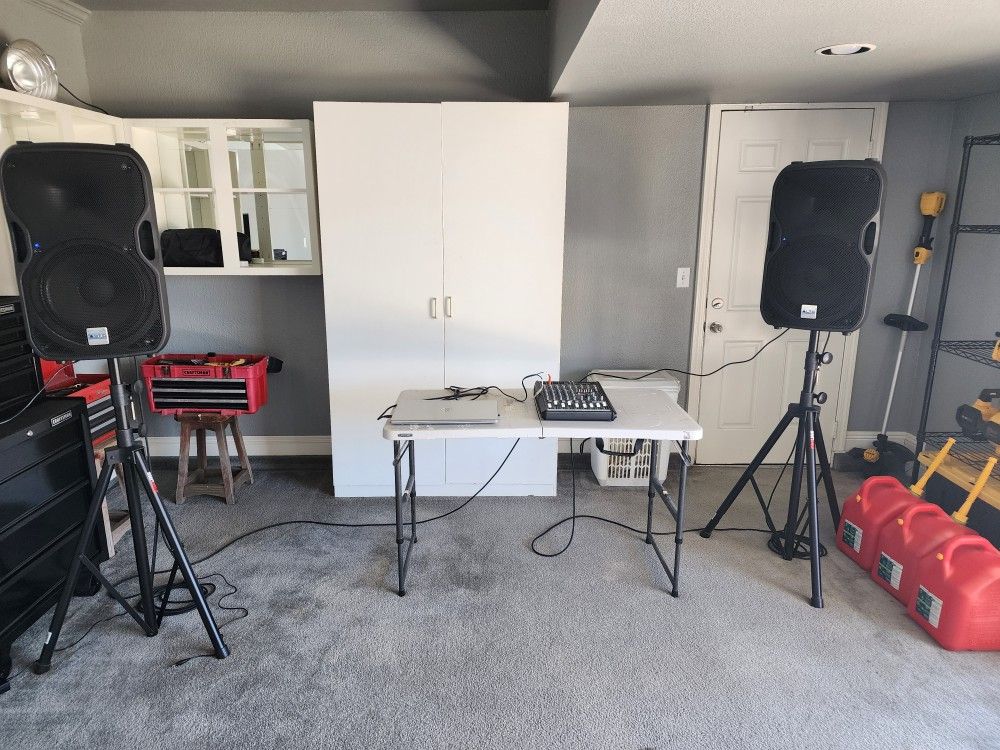 Alto TS 112A Speakers. ProFX8 Mixer. Proline Speaker Stands