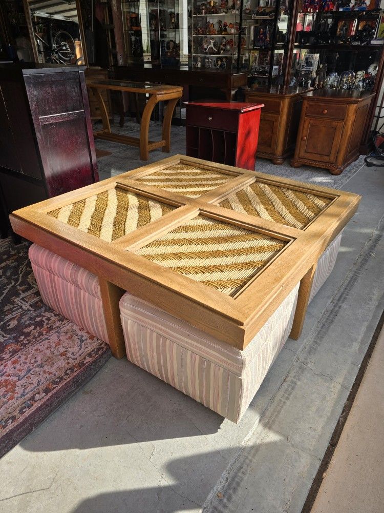 Mid-Century Modern Lane Altavista Pencil Reed Coffee Table with qty 4 Ottomans