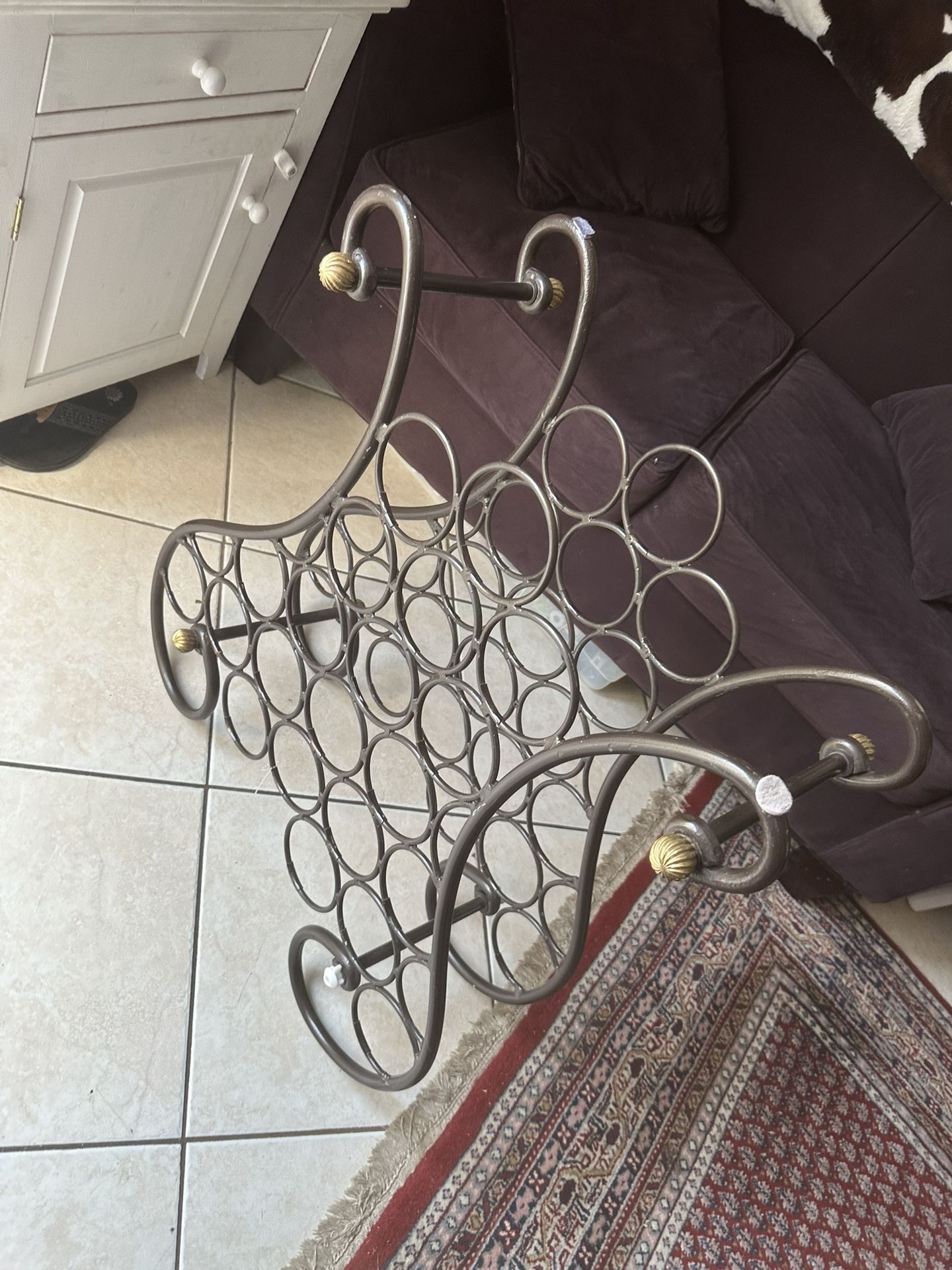 Vintage French Dark Brown Wrought Iron Wine Rack Stand.
