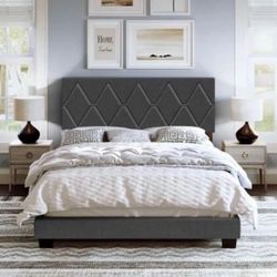  Upholstered Linen Platform Bed, Twin, Black 