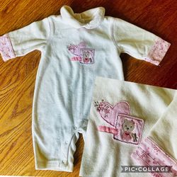 6M Baby Girl, Carter’s One Piece, Valore Outfit, White With Pink Floral, Cuffs, Embroidery, Heart Diaper Snaps, Very Warm