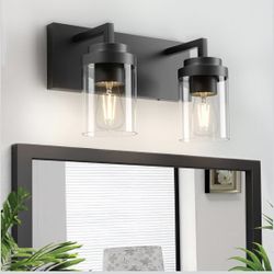 Espird 2-Light Matte Black Bathroom Vanity Light – 15” Farmhouse Wall Fixture with Clear Glass