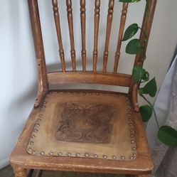 Antique Wooden Chair With Leather Embossed Seat