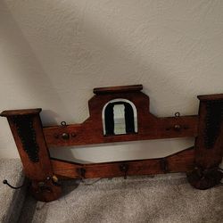 Antique?/Vintage Mission Style Hat/Coat Rack With Beveled Glass Mirror