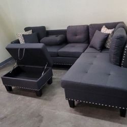 ✅️✅️3 pc charcoal linen like fabric sectional sofa drop down cup holder chaise and ottoman nail head trim ✅️