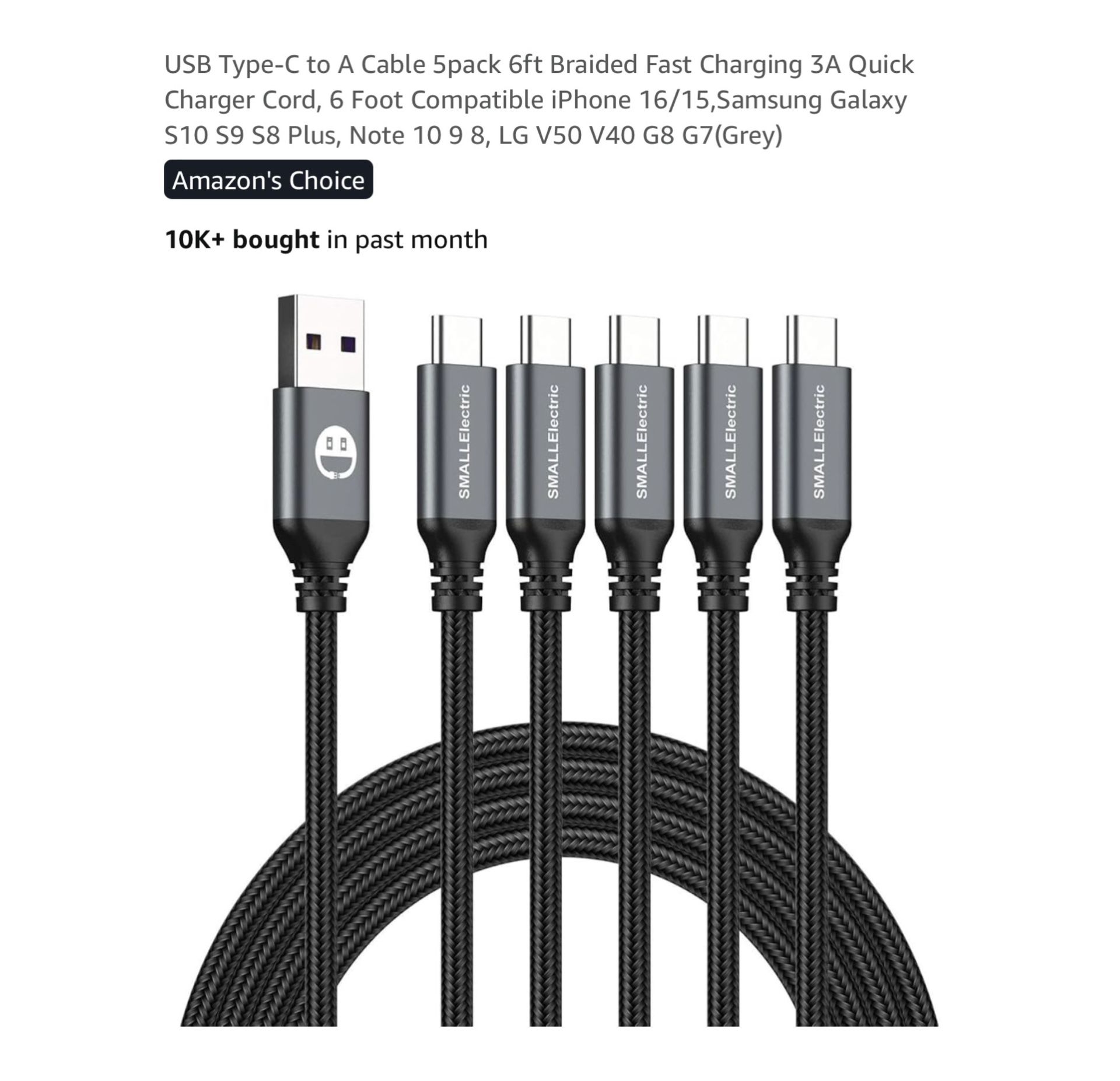 Brand new USB Type-C to A Cable 5pack 6ft Braided Fast Charging 3A Quick Charger Cord, 6 Foot Compatible iPhone 16/15,Samsung Galaxy S10 S9 S8 Plus, N