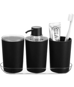 New iDesign Fluted 4-Piece Bathroom Accessories Set for Vanity Countertop - Black/Clear