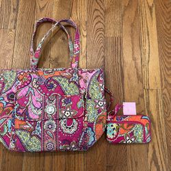 Vera Bradley Pink Swirls Paisley Quilted Purse Tote Bag Wallet Set Lot