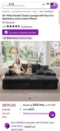 94" Wide Double Chaise Lounge with Faux Fur Upholstery and Lumbar Pillows