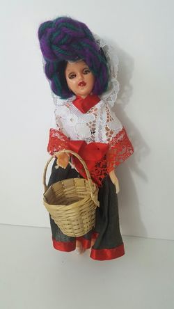 Vintage Plastic 9" Doll Sleep Eyes Ethnic Cultural authentic Outfit basket