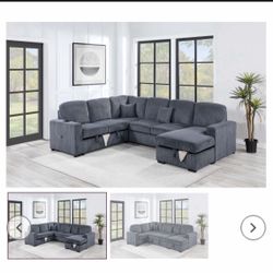 $649-4Piece Convertible Sectional  Sleeper Sofa ,Chaise Storage ,Sofa Storage & USB Ports 98” x 103” x 61” x36”H