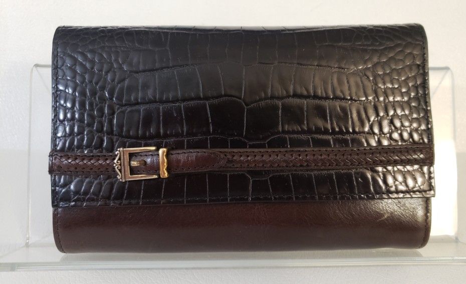 Brighton Black & Brown Leather Croc Tri Fold Wallet