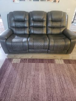 Gray Leather Reclining Sofa 3-Seater