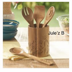 Princess House. Juego De 4 Utensilios Y Organizador De Madera Acacia Nuevos En Su Caja 