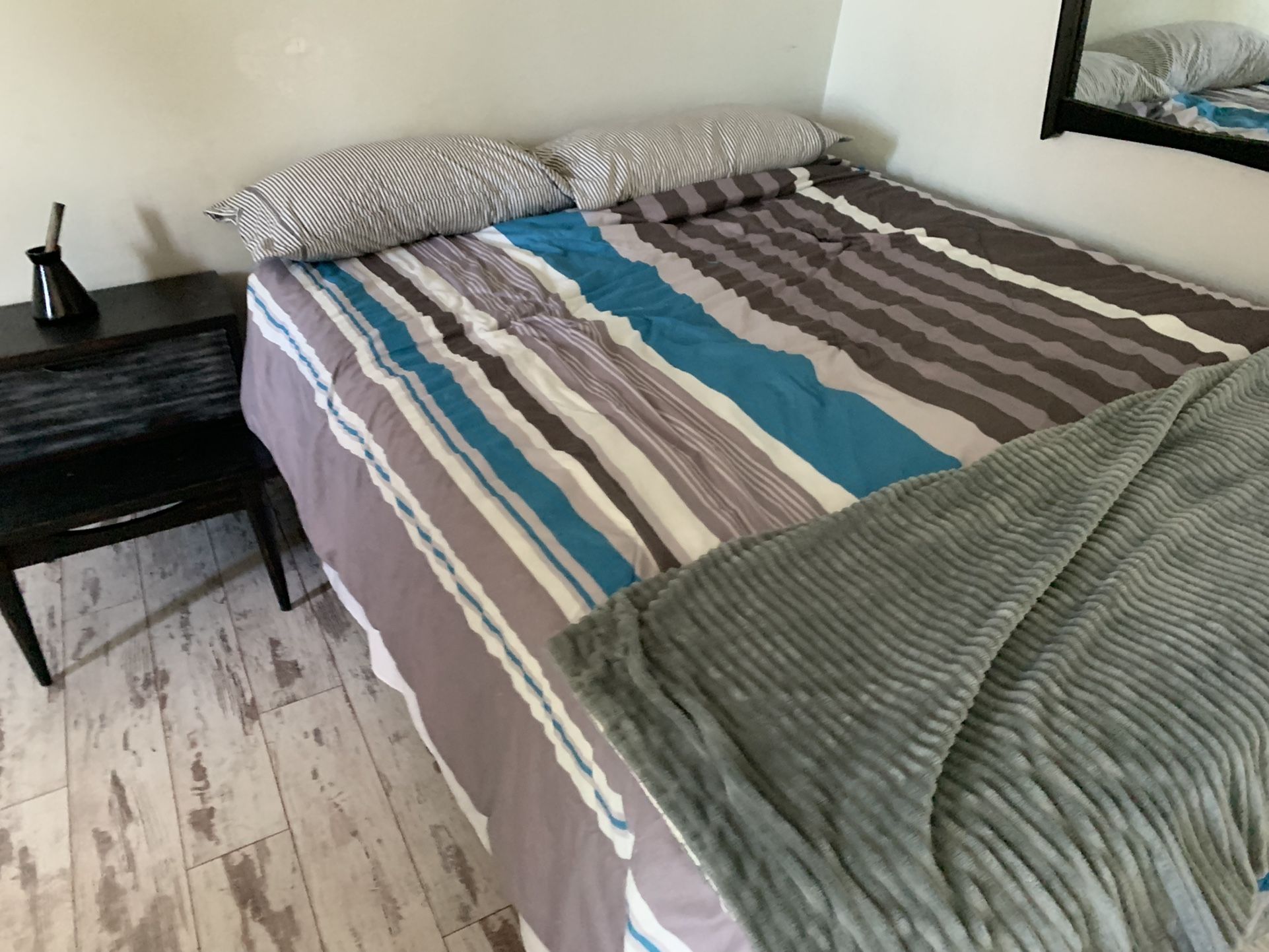 Queen Matress & Box spring With Frame, 2 Night Stands, Bureau And Mirror For Sale