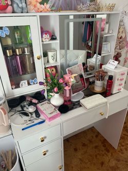 White Vanity Desk with Mirror and Storage