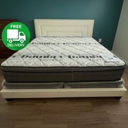 New KING SIZE BED FRAME WITH MATTRESS AND BOX SPRINGS SET VINYL UPHOLSTERY BED IN BOX 