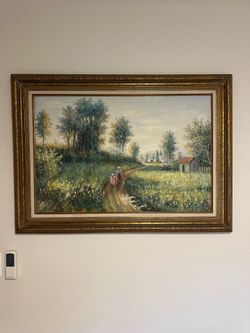 Large Vintage Framed Landscape Oil Painting in Ornate Gold Frame (44in x 32in)