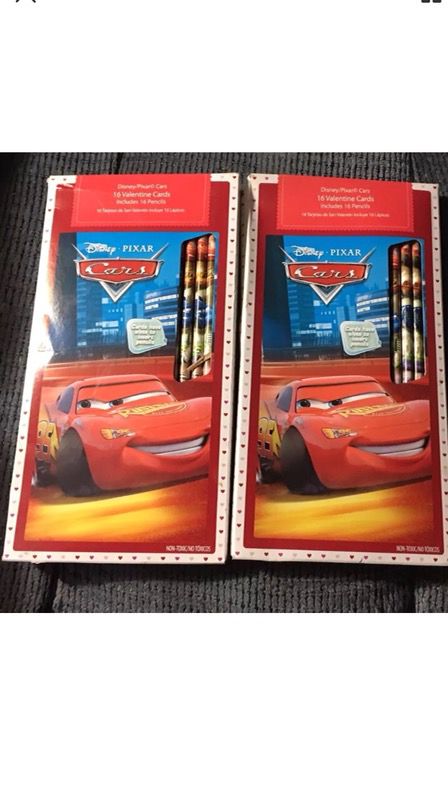 2 boxes of Disney Cars Valentine cards with pencils