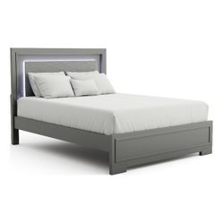 Queen Size Bed Frame Metallic Gray Headboard Panel w/ LED Lighting