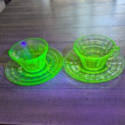 Uranium Glass Vaseline Glass Hocking Block Optic Tea Cup and Saucer Set of 2 Glowing UV Green Glass