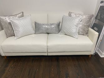 White Leather Tufted Sofa with Wood Legs
