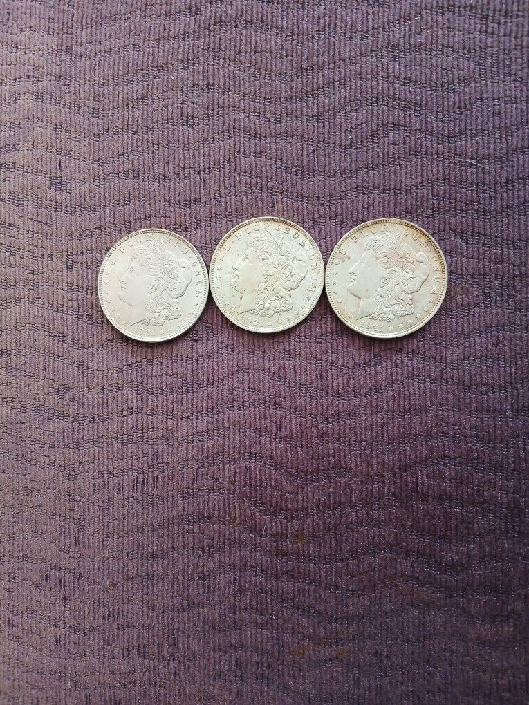 3 MORGAN SILVER DOLLARS 1921