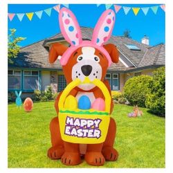 Easter Inflatable Dog With Bunny Ears And Easter Eggs Basket