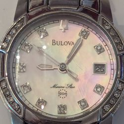 Bulova Marine Star Silver Tone Mother of Pearl Womans Faux Diamonds C876792 