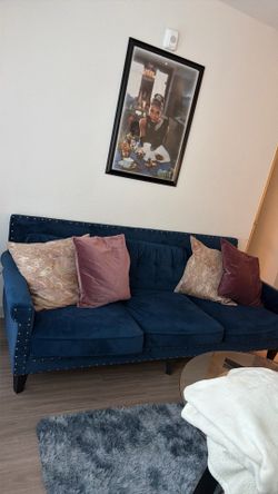 Navy Blue Velvet Sofa (Great Condition & Includes Pillows)