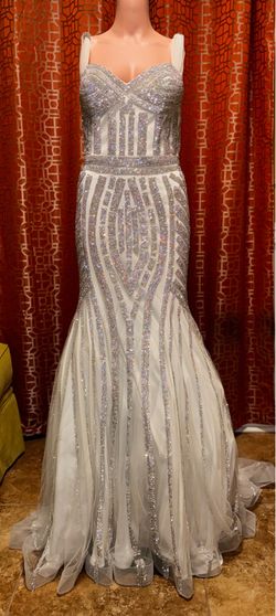 Glow White Silver Rhinestone Mermaid Gown Size 10 Wedding Prom Dress