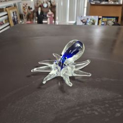 Vintage Murano Style Hand Blown Octopus Paperweight In Cobalt Blue & Clear 2.25"Hx4.5"W