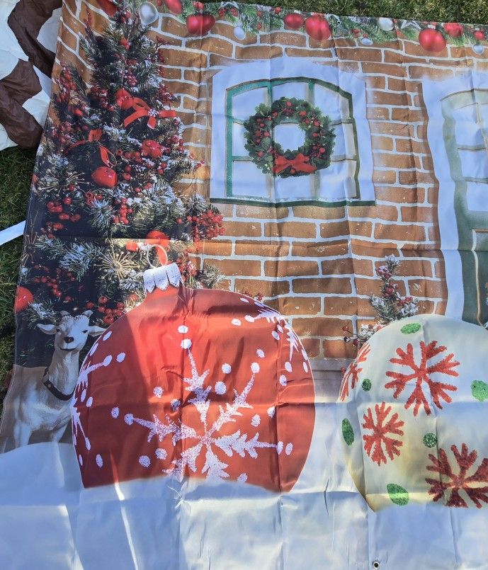 Christmas 10X7FT Garage Door Decorations Winter Xmas Tree Colorful Ball Candy Snow Door Cover Garage Door Banner for Outdoor Indoor White Brick Wall P