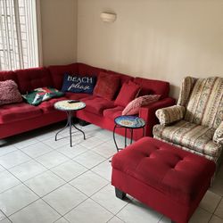 Red Sectional Sofa With Ottoman & Easy Chair 