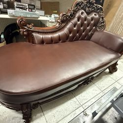 Antique Arm Chaise Lounger genuine Leather Wine Color & Brown Carved Wood Design