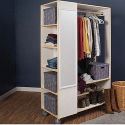 Freestanding Closet With Casters And Mirror
